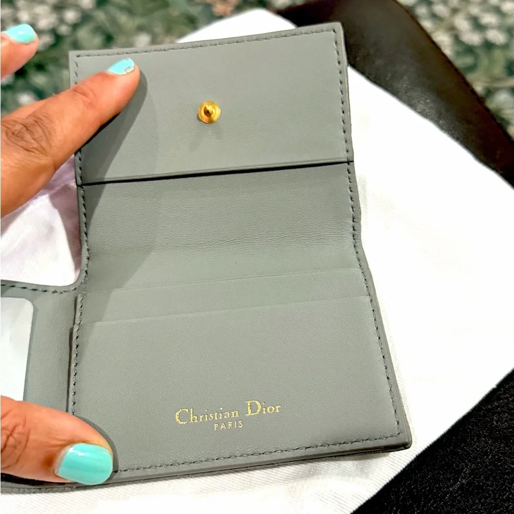Dior Caro glycine foldable card holder limited edition in grey w/gold hardware.
